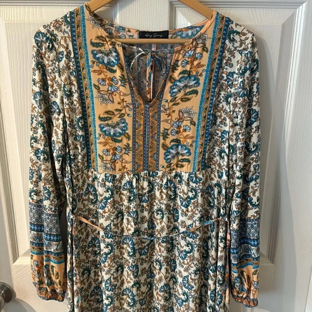Hey Samy Smock Midi Dress In Blue & Mint Mixed Floral Printed Size M